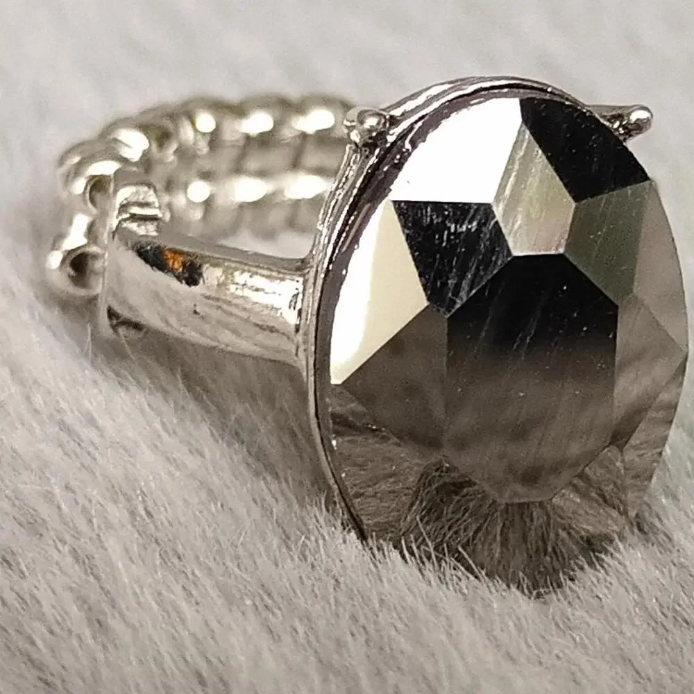 Silvertone Black Faceted Stone Statement Ring Stretch‎ OSFM New_7